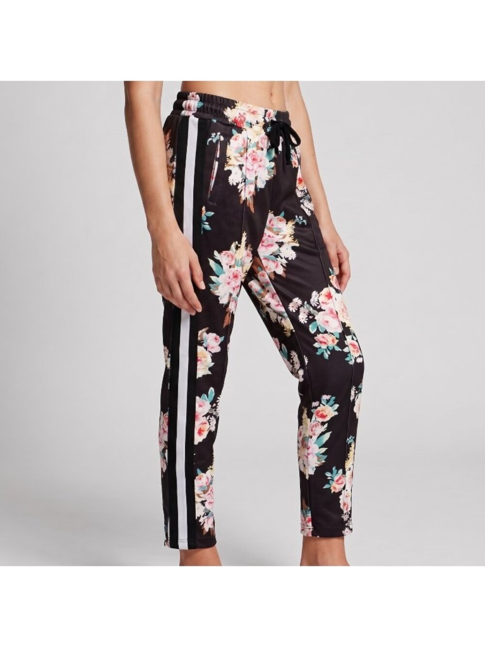 Love Fire Girl's Floral Rose Flower Track Pants with Side Stripes in size M NWOT